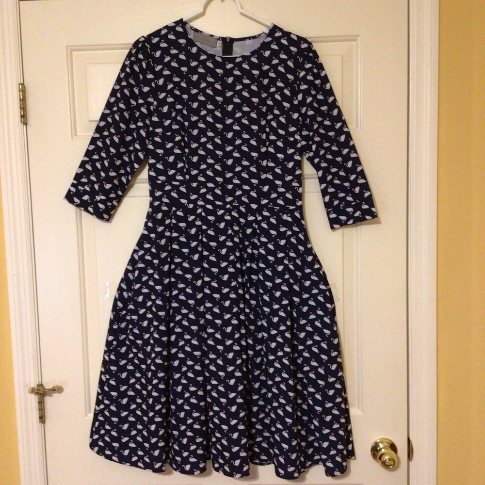 Navy Fit and Flare 3/4 Sleeve Dress White Swan Patterns with 2 Pockets